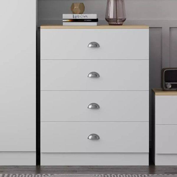 Esher 4 Drawer Chest Of Drawers Matt White Finish With Light Oak Top Bedroom