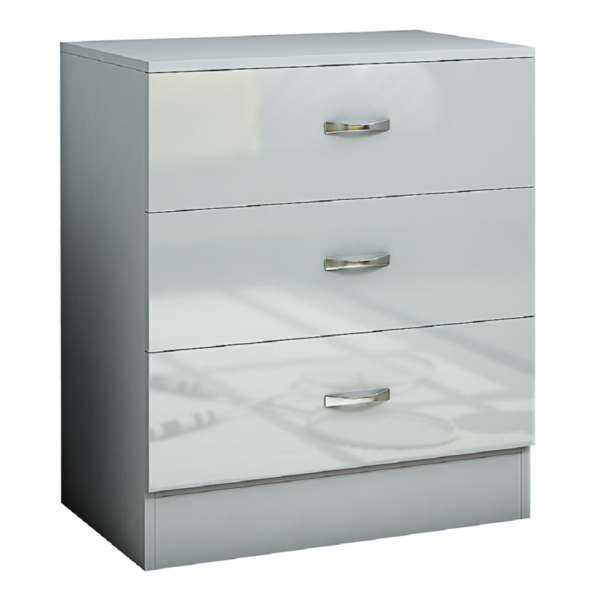 Grey 3 Drawer Chest Gloss Fronts Metal Handles Scratch Resistant