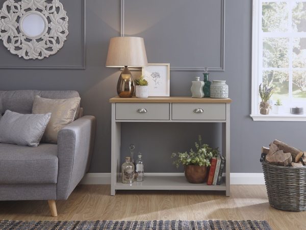 Grey and Oak 2 Drawer Console Table with shelf Hall Storage Lancaster Range