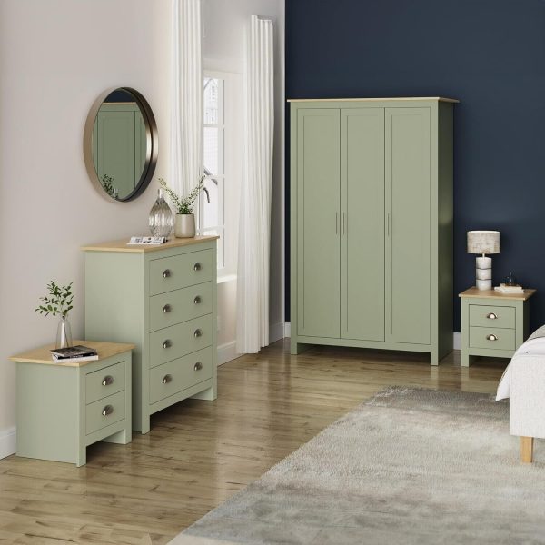 Lancaster 4 Piece bedroom set 3 Door Robe + 2 Bedside 4 drawer chest Sage Green