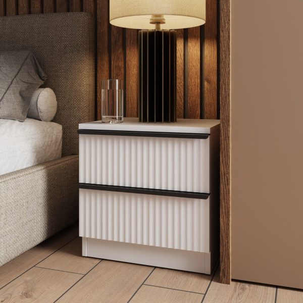 Lania Ripple Ridged 2 Drawer Bedside Table Nightstand Matt White