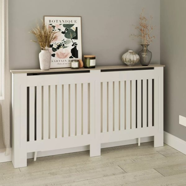 Longslow Large White Radiator Cover Slatted Front Wood Design Top Shelf Storage