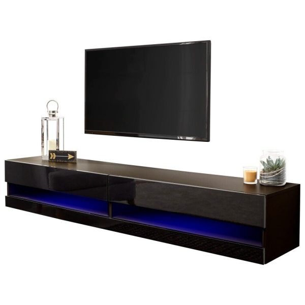 180cm Galicia LED Cool Light up High Gloss Wall Mounted TV Unit Storage Black - Image 4