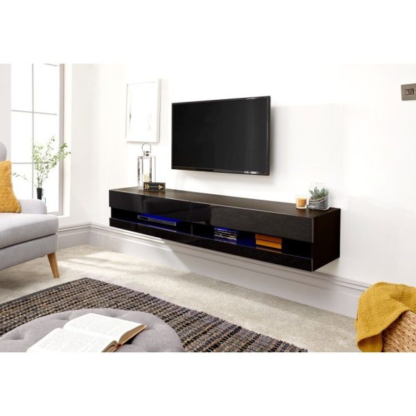 180cm Galicia LED Cool Light up High Gloss Wall Mounted TV Unit Storage Black