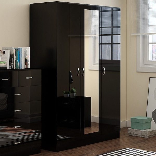 Black Gloss Chilton Modern Bedroom 3 Door Mirror Wardrobe with Storage Shelves