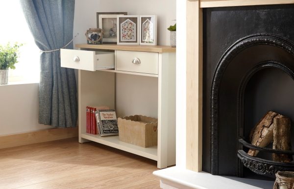 Cream and Oak 2 Drawer Console Table with shelf Hall Storage Lancaster Range