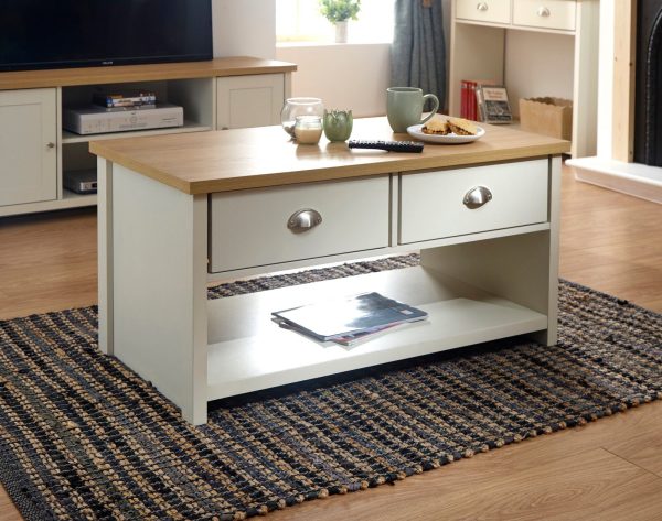 Cream and Oak 2 Drawer Storage Coffee Table Lancaster Range