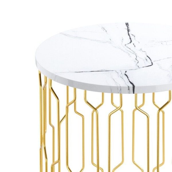 Grace 39cm Coffee Lamp End Table White Marble Effect with Gold Geometric Base G - Image 4