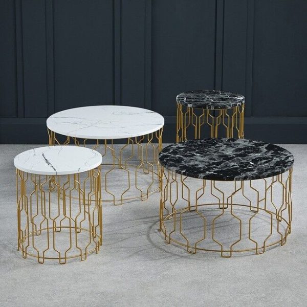 Grace 39cm Coffee Lamp End Table White Marble Effect with Gold Geometric Base G - Image 5