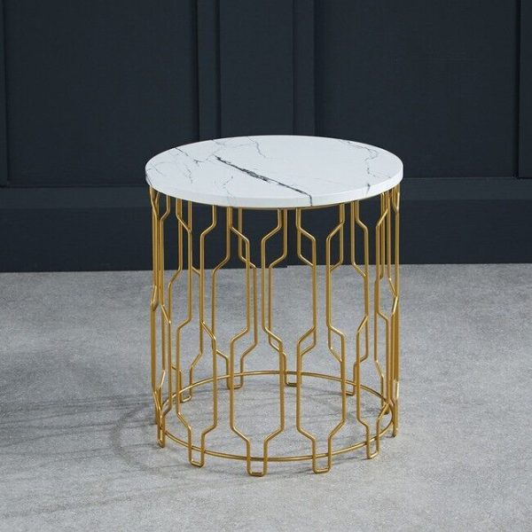 Grace 39cm Coffee Lamp End Table White Marble Effect with Gold Geometric Base G