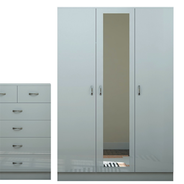 Grey Gloss Chilton Modern Bedroom 3 Door Mirror Wardrobe with Storage Shelves