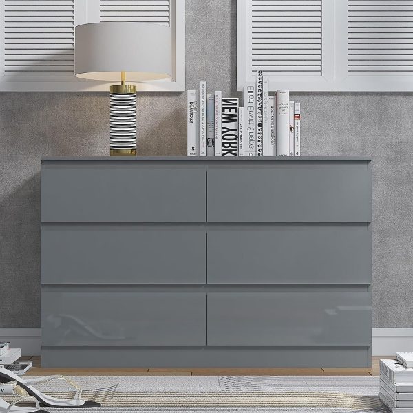 Grey High Gloss Chest Of 6 Drawers Bedroom Furniture Scratch Resistant