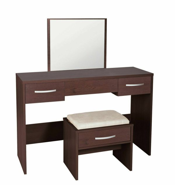 Hallingford 2 Drawer Dressing Table Mirror & Storage Stool Dresser Wenge Walnut