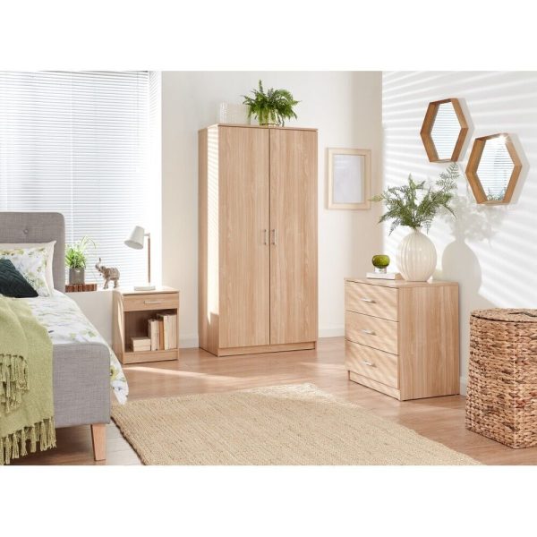 Panama 3 Piece Set 2 Door Wardrobe bed side and 3 drawer chest of drawers Oak