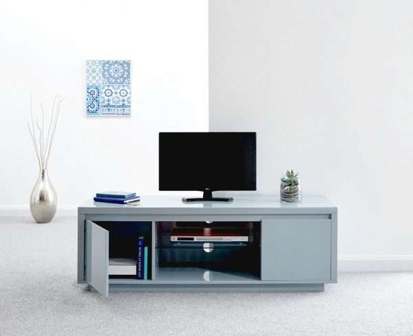 Polar Large Grey High Gloss TV Entertainment Unit with Blue LED lights Graded