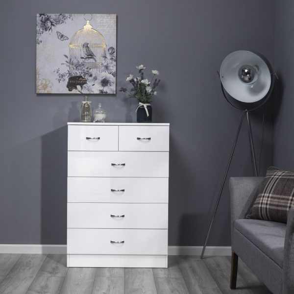 White 6 Drawer Chest Wide Tall Gloss Fronts Metal handles Scratch Resistant - Image 3