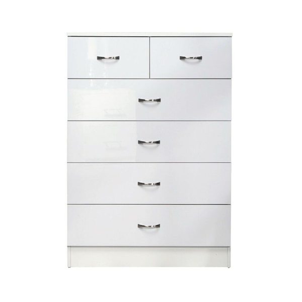 White 6 Drawer Chest Wide Tall Gloss Fronts Metal handles Scratch Resistant