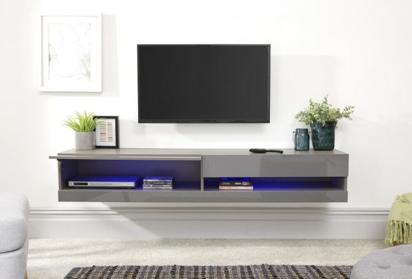 150cm Galicia LED Cool Light up High Gloss Wall Mounted TV Unit Storage Grey - Image 4