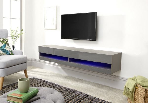 150cm Galicia LED Cool Light up High Gloss Wall Mounted TV Unit Storage Grey - Image 6