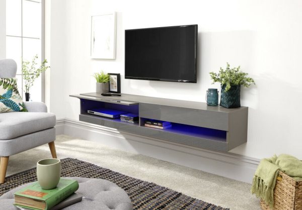 150cm Galicia LED Cool Light up High Gloss Wall Mounted TV Unit Storage Grey