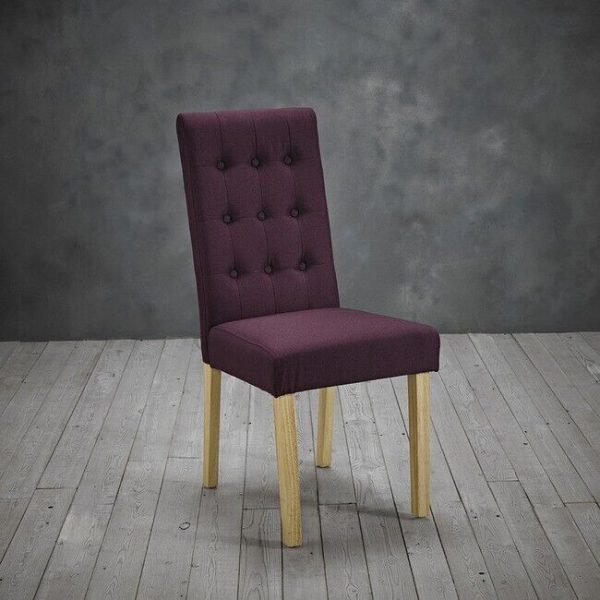 2 Roma Dining Chairs Linen Style Fabric Upholstery Solid Oak Legs Plum Purple - Image 4