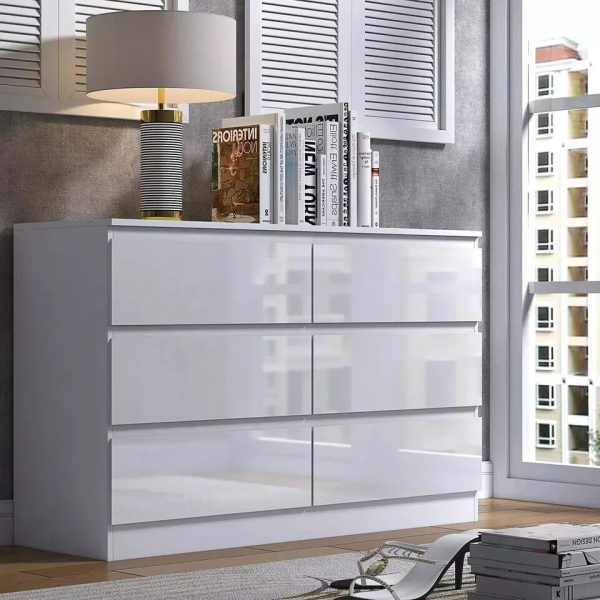 6 Drawer Chest Of Drawer High Gloss White Matt Frame Bedroom scratch resistant