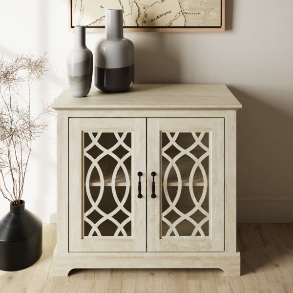 AMELIE 2 DOOR SIDEBOARD DUSTY GREY OAK with shelf and fretwork doors