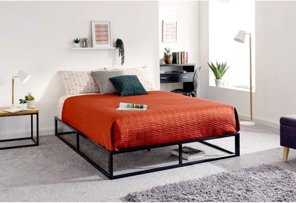 Black 4ft 6 Double Platform Bed With Wood Slats Metal Frame Modern