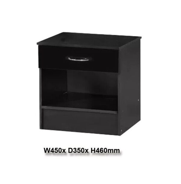 Black Gloss Bedside Chest Cabinet Gloss drawer front BLACK frame 46 x 45 x 35cm