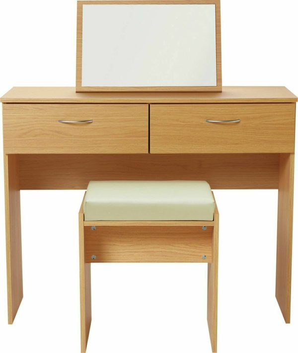 Cheval Oak 2 Drawer Dressing Table with Mirror & Lamp; Padded Stool Dresser Desk