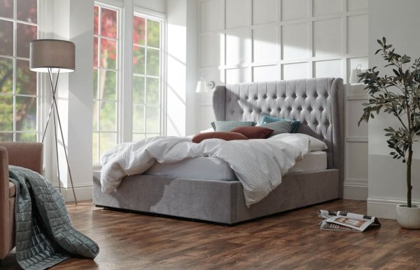 Dakota Fabric Winged End Lift Ottoman bed 4ft 6 Double Platinum Grey Solid Base - Image 11