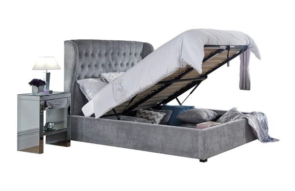 Dakota Fabric Winged End Lift Ottoman bed 4ft 6 Double Platinum Grey Solid Base - Image 3