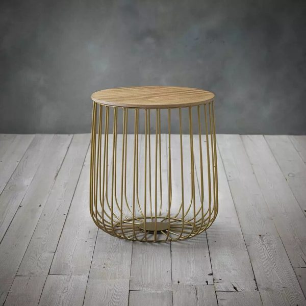 ENZO SMALL CAGE END TABLE OAK TOP GOLD FRAME