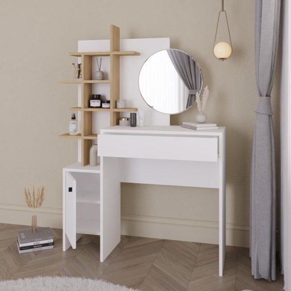 Freyja Dressing Table Set White Oak Round Trendy Mirror H152 x W113 x D35cm - Image 3