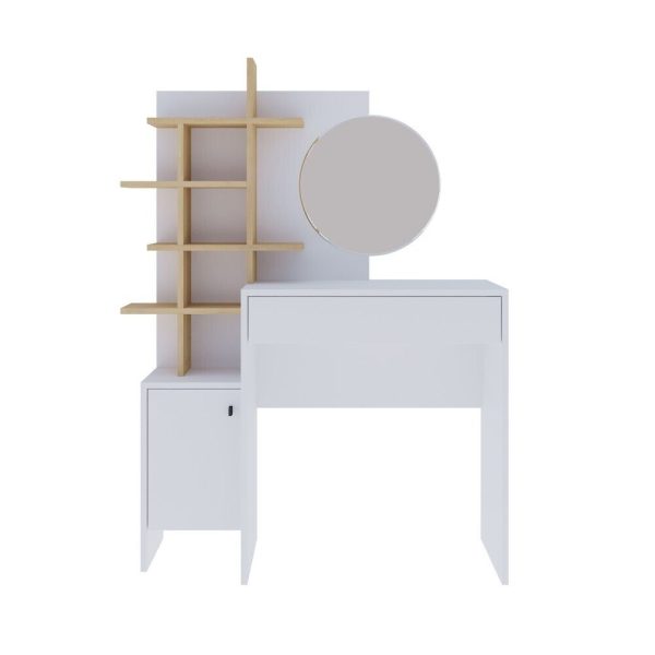 Freyja Dressing Table Set White Oak Round Trendy Mirror H152 x W113 x D35cm - Image 4