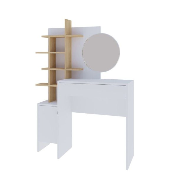 Freyja Dressing Table Set White Oak Round Trendy Mirror H152 x W113 x D35cm - Image 5