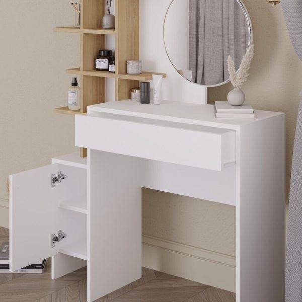 Freyja Dressing Table Set White Oak Round Trendy Mirror H152 x W113 x D35cm - Image 6