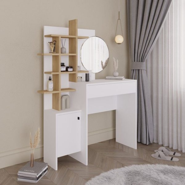 Freyja Dressing Table Set White Oak Round Trendy Mirror H152 x W113 x D35cm