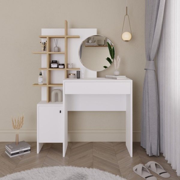 Freyja Dressing Table Set White Oak Round Trendy Mirror H152 x W113 x D35cm - Image 9