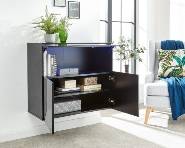 Galicia Black Gloss Wall Mounted Hung Sideboard with LED Storage shelves - Image 3