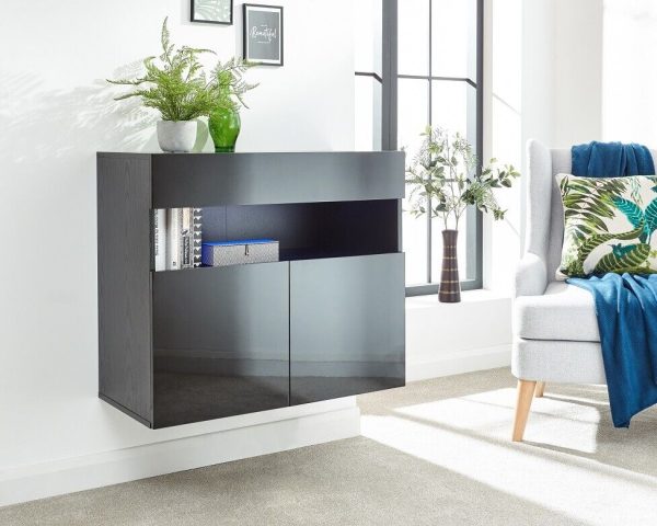 Galicia Black Gloss Wall Mounted Hung Sideboard with LED Storage shelves