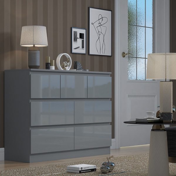 Grey High Gloss Chest Of 7 Drawers Bedroom Furniture Scratch Resistant Merchant