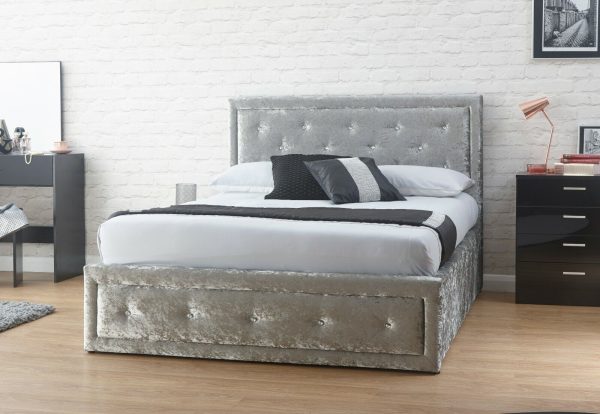 Hollywood 5ft King Crushed Velvet Silver Grey lift up storage crystal bed