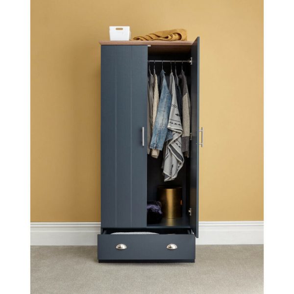 Kendal 2 Door 1 Drawer Wardrobe Country style bedroom furniture Slate Blue Oak - Image 5