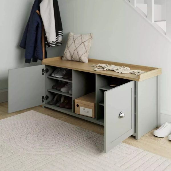 Lancaster 2 Door Shoe Bench Grey Internal Shelves Storage Hallway - Image 3