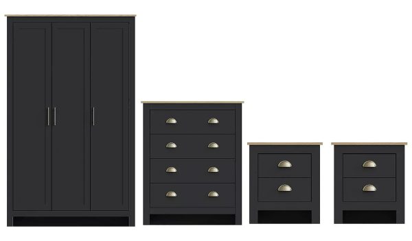 Lancaster 4pc Bedroom Set Black Bedside Cab Chest Of Drawers 3 door Wardrobe - Image 3