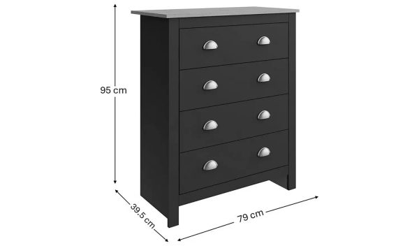 Lancaster 4pc Bedroom Set Black Bedside Cab Chest Of Drawers 3 door Wardrobe - Image 4