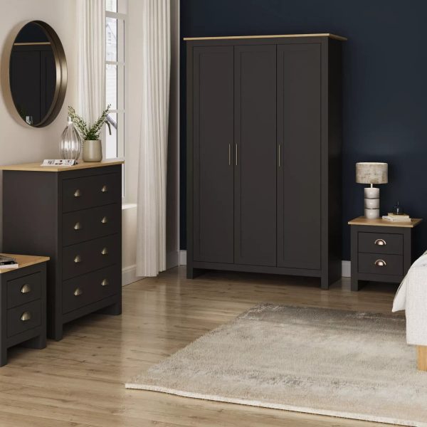 Lancaster 4pc Bedroom Set Black Bedside Cab Chest Of Drawers 3 door Wardrobe