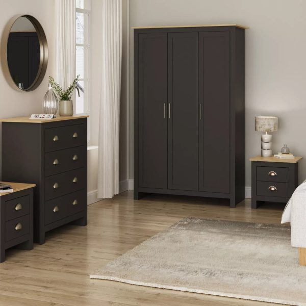 Lancaster 4pc Bedroom Set Black Bedside Cab Chest Of Drawers 3 door Wardrobe - Image 8