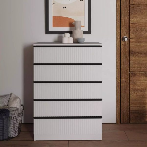 Ripple Effect White 5 Drawer Chest Of Drawers Scalloped Fronts Melamine Coating